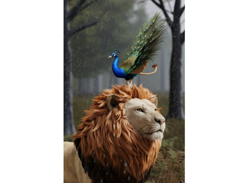 Lion painting with peacock ?